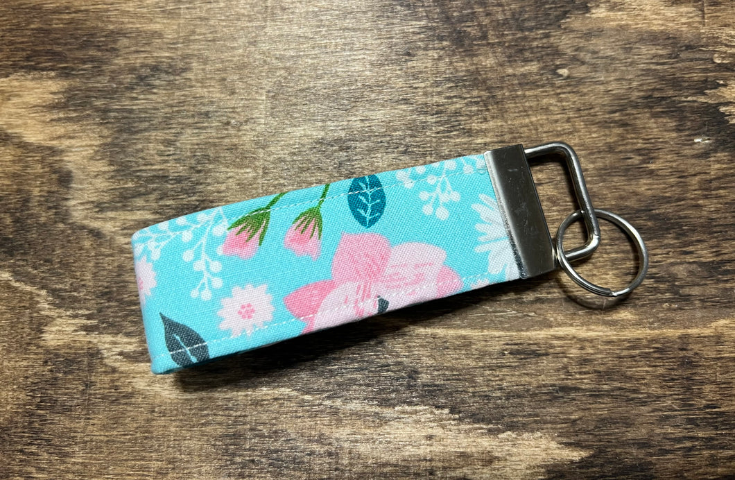 Teal floral key chain key fob wristlet